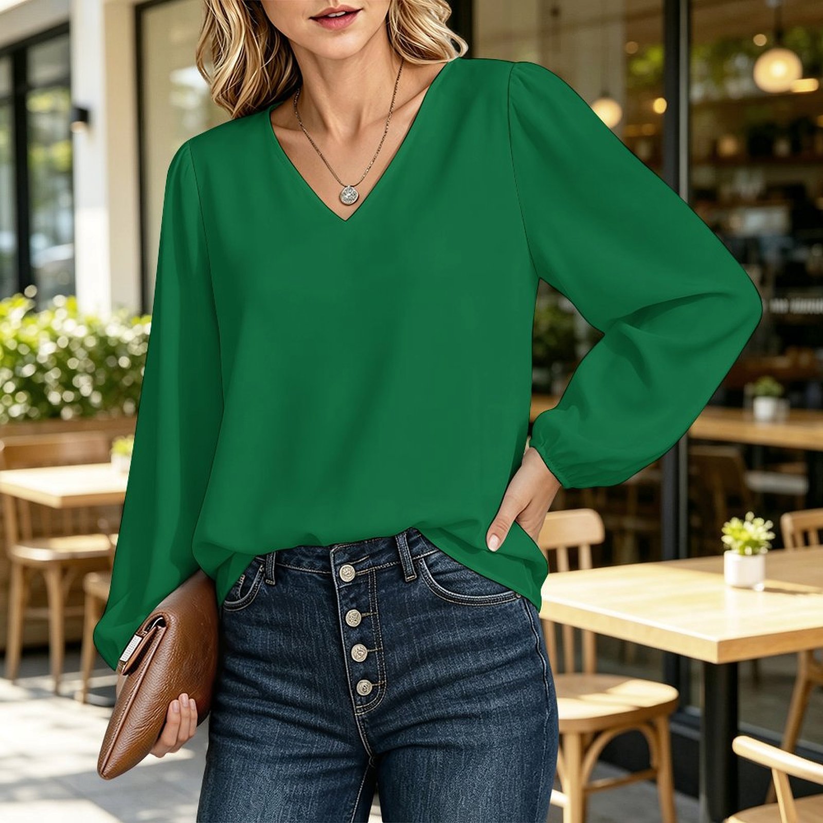 V‑Neck Lantern Long‑Sleeve Blouse - Image 2