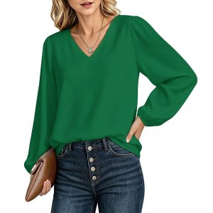 V‑Neck Lantern Long‑Sleeve Blouse