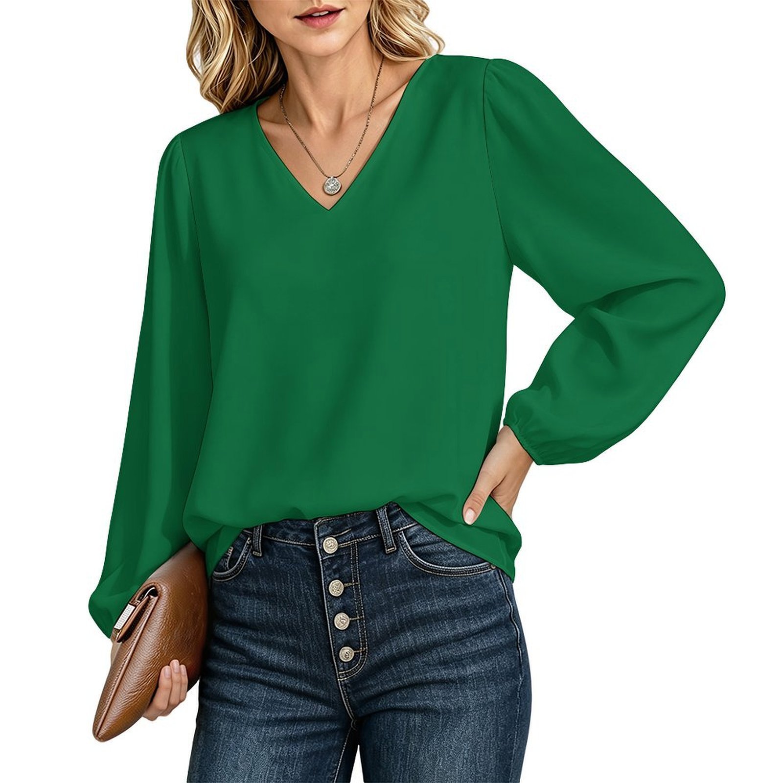 V‑Neck Lantern Long‑Sleeve Blouse