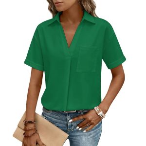 V-neck Short Sleeve Blouse with Chest Pocket